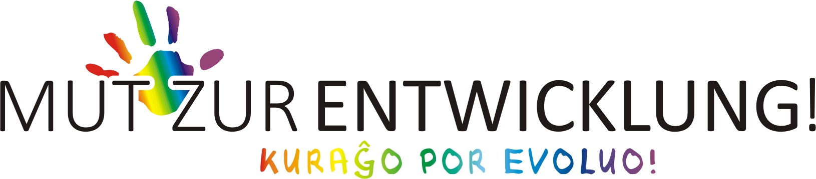 Gezeigt wird das Logo des Kinderzentrum Weißer Stein und der Text Mut zur Entwicklung. Dieser wird außerdem in die Plansprache Esperanto übersetzt: Kurago por Evoluo